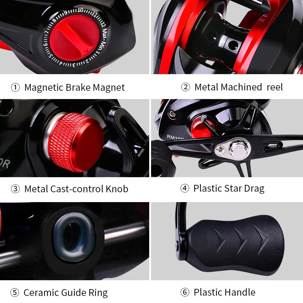 Metal drop wheel fishing reel with graphite body, magnetic brakes, and 7.2:1 gear ratio for sea fishing