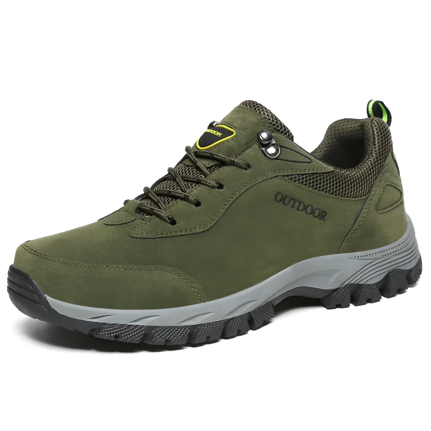 Men's low-top hiking shoes in army green with a cloth upper and flexible viscose sole.