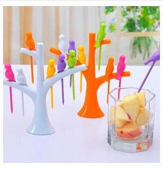 Colorful plastic fruit fork set for kids with tree and birds design