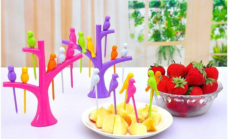 Colorful plastic fruit fork set for kids with tree and birds design