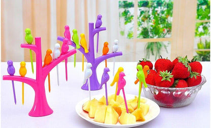 Colorful plastic fruit fork set for kids with tree and birds design