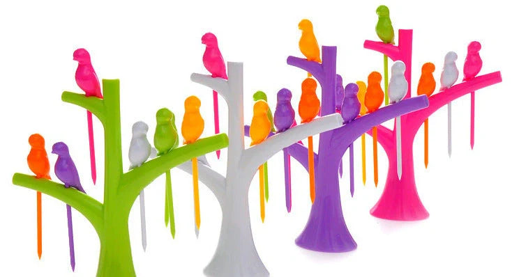 Colorful plastic fruit fork set for kids with tree and birds design