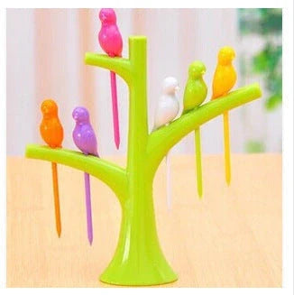 Colorful plastic fruit fork set for kids with tree and birds design