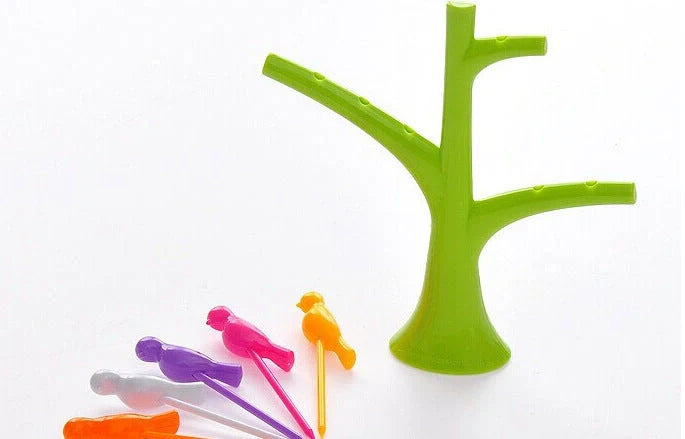 Colorful plastic fruit fork set for kids with tree and birds design