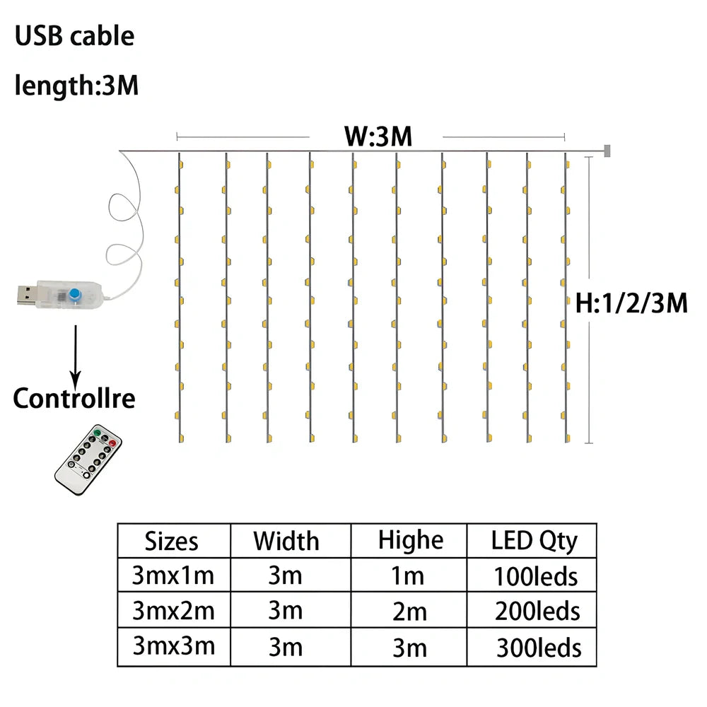 Copper wire curtain lamp with 300 LED beads and remote control measuring 3 metres length