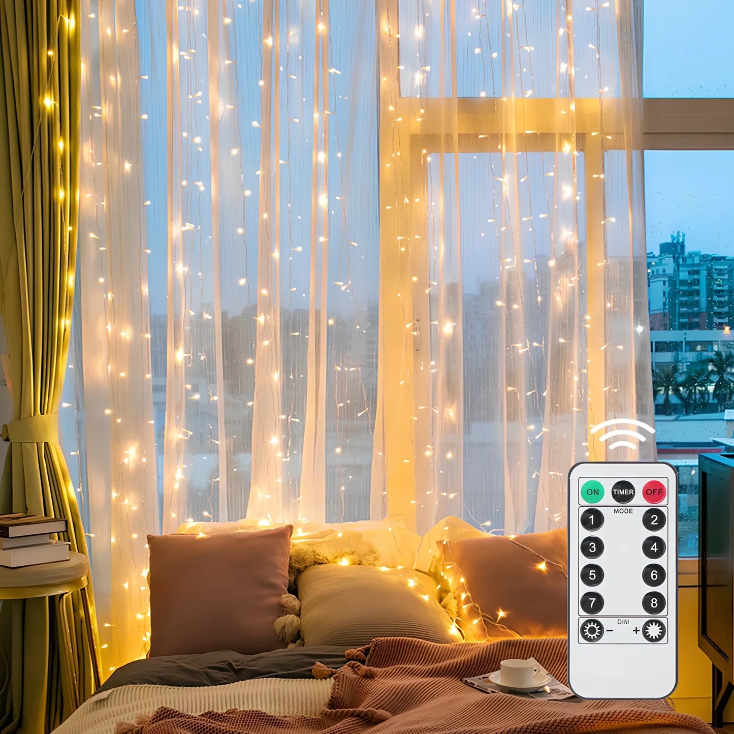 Copper wire curtain lamp with 300 LED beads and remote control measuring 3 metres length