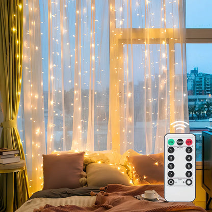 Copper wire curtain lamp with 300 LED beads and remote control measuring 3 metres length