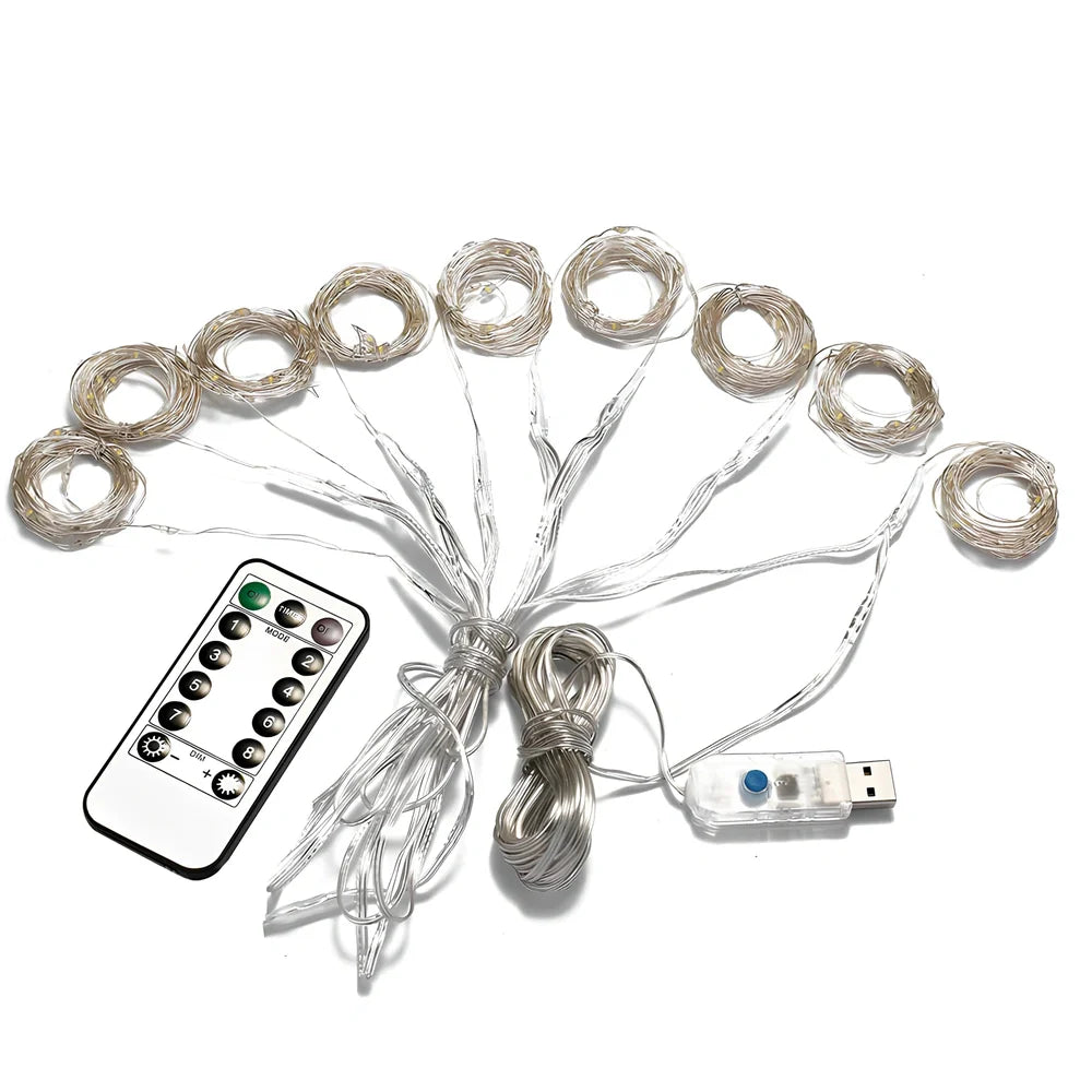 Copper wire curtain lamp with 300 LED beads and remote control measuring 3 metres length