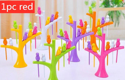 Colorful plastic fruit fork set for kids with tree and birds design