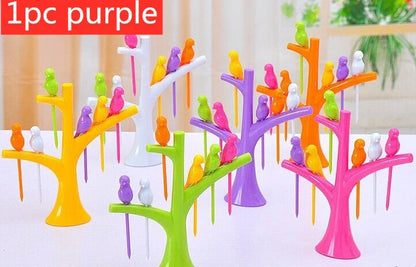 Colorful plastic fruit fork set for kids with tree and birds design
