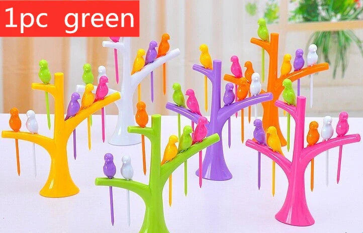 Colorful plastic fruit fork set for kids with tree and birds design