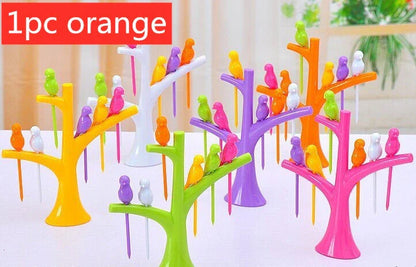 Colorful plastic fruit fork set for kids with tree and birds design
