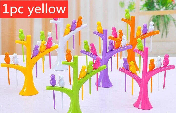 Colorful plastic fruit fork set for kids with tree and birds design
