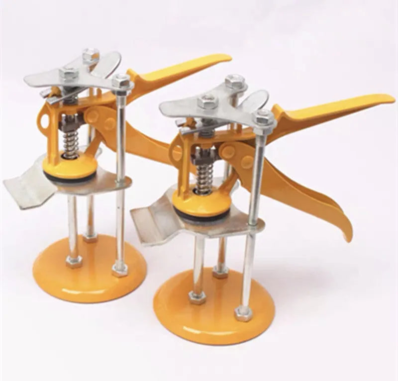 Metal tile raising locator tool with adjustable height mechanism on a concrete background.