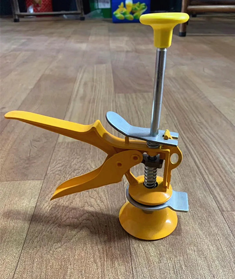 Tile raising locator with adjustable height, a 23.5 cm by 6.5 cm concrete processing tool in metal alloy with electroplating production process, used for positioning tiles during installation.