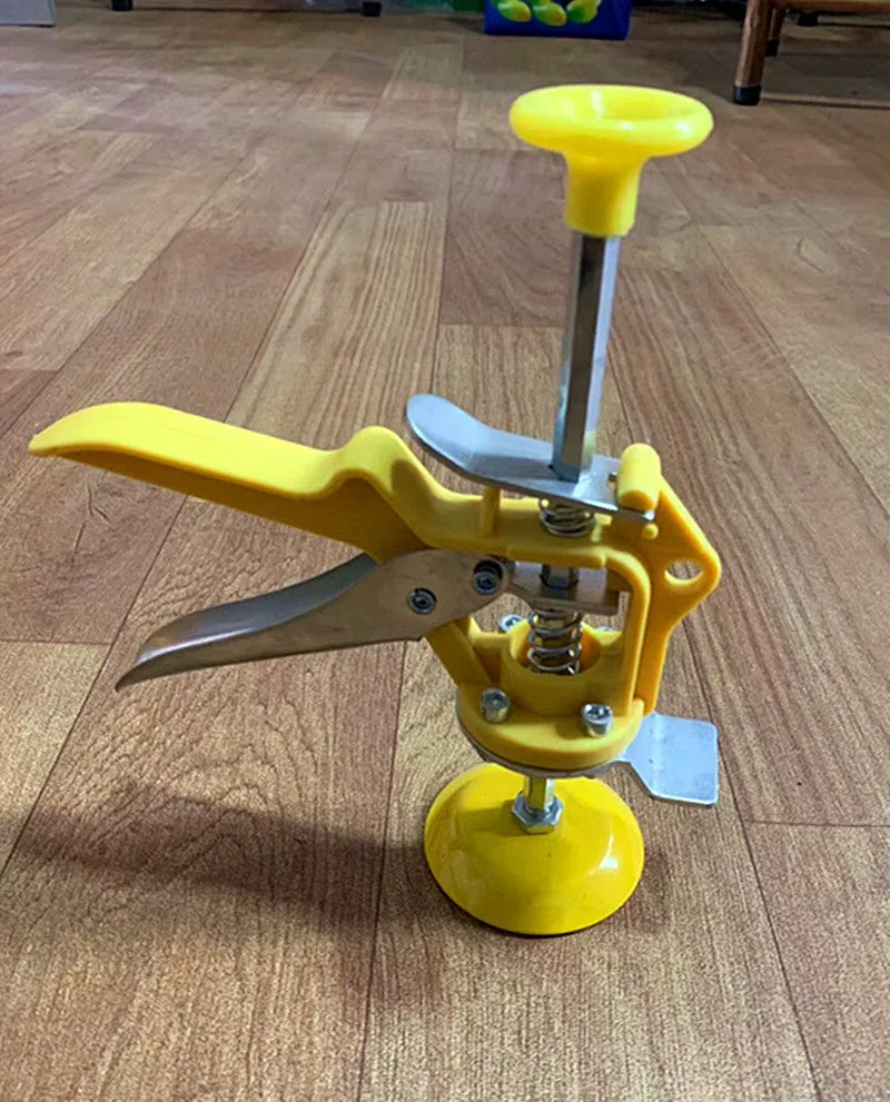 Metal tile raising locator tool with adjustable height mechanism on a concrete background.