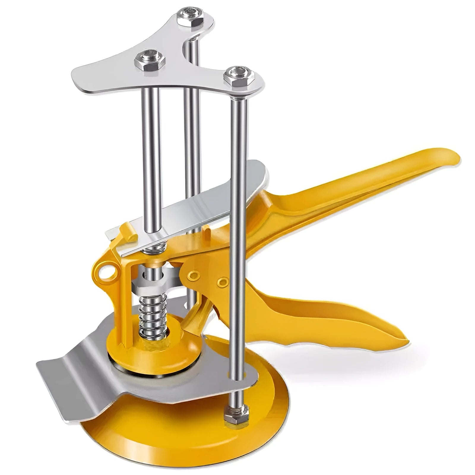 Metal tile raising locator tool with adjustable height mechanism on a concrete background.