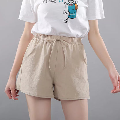 Women's washed cotton solid color shorts with loose fit and middle waist