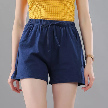Women's washed cotton solid color shorts with loose fit and middle waist