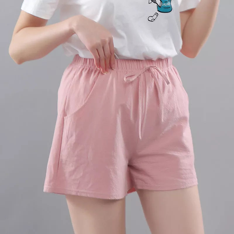 Women's washed cotton solid color shorts with loose fit and middle waist