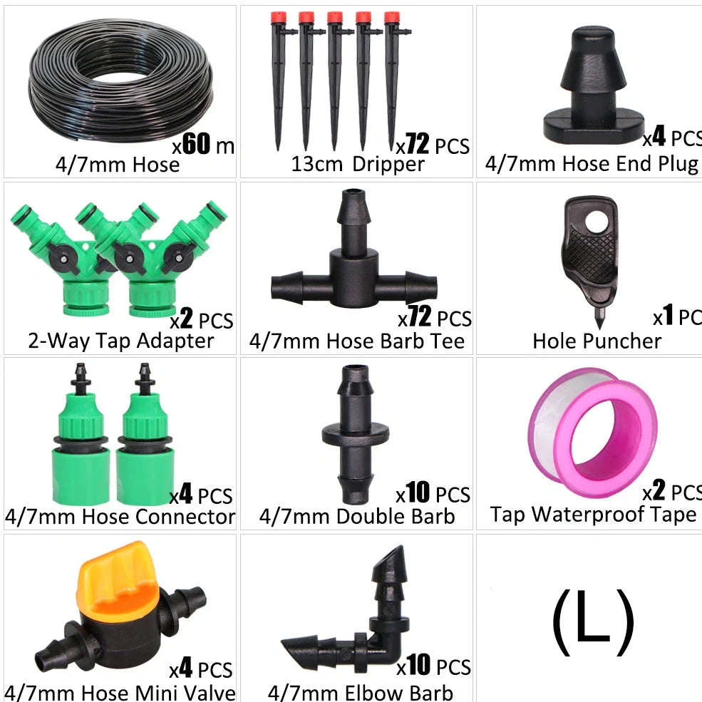 50-metre automatic garden irrigation system with timer, capillary tubing, and atomising nozzles for even plant watering