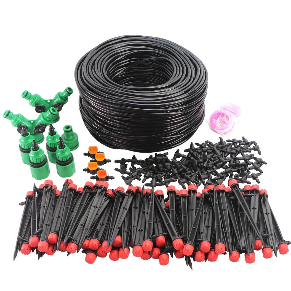 50-metre automatic garden irrigation system with timer, capillary tubing, and atomising nozzles for even plant watering