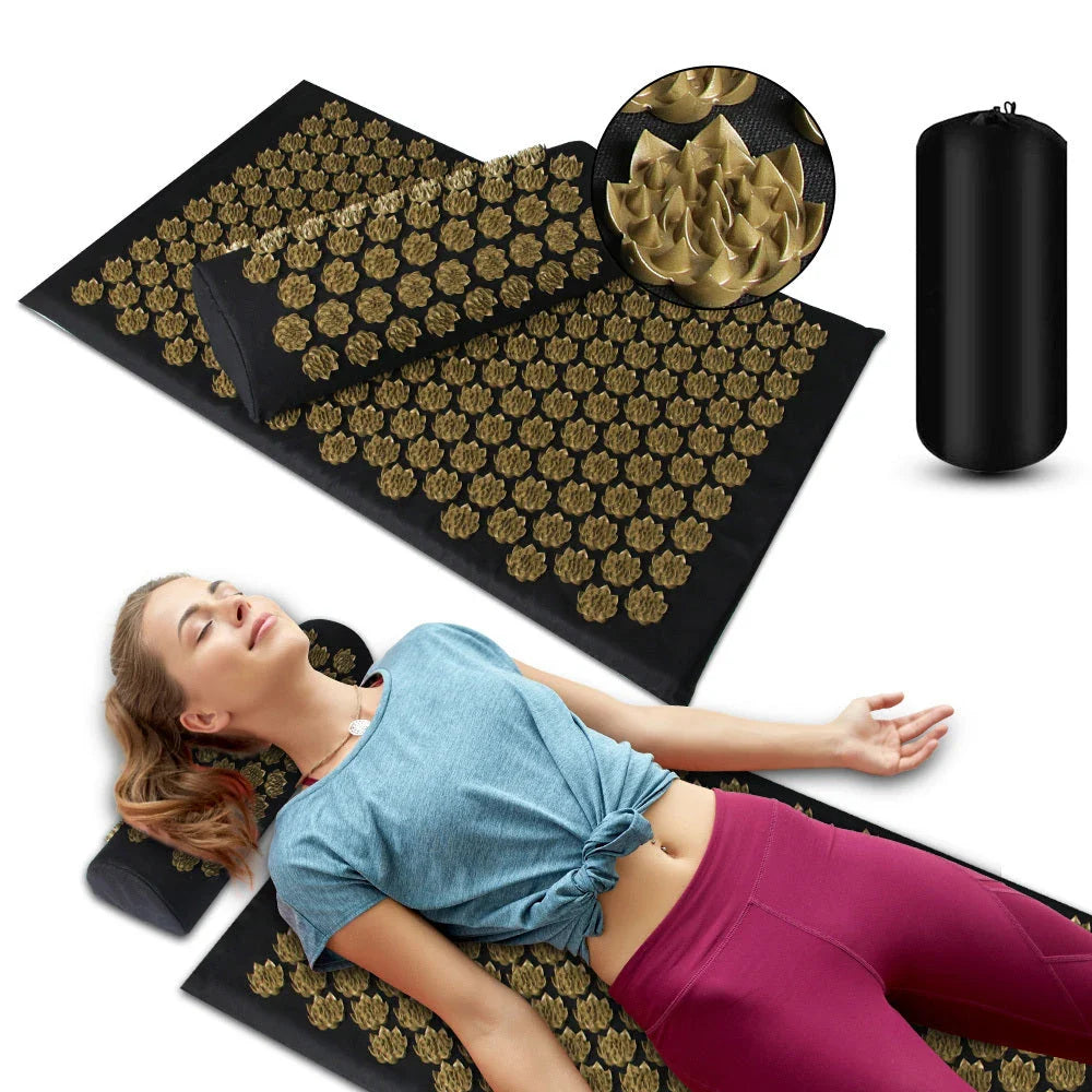 Acupressure massage mat with pillow for neck, back, and foot relaxation and relief