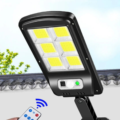 Black IP67 solar wall light with 120COB LEDs, 15cm high, waterproof for outdoor use