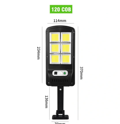Black IP67 solar wall light with 120COB LEDs, 15cm high, waterproof for outdoor use