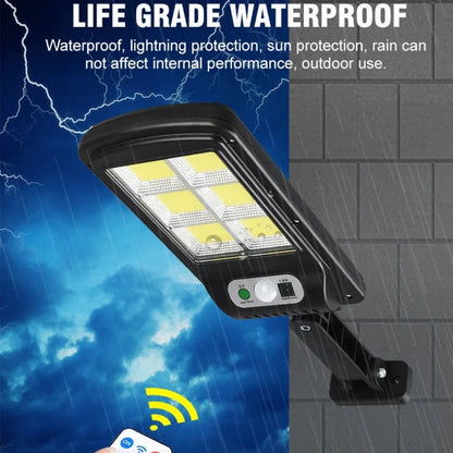 Black IP67 solar wall light with 120COB LEDs, 15cm high, waterproof for outdoor use