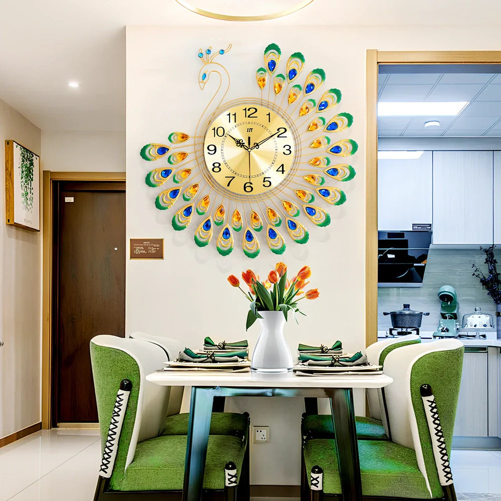 38cm square peacock wall clock with European design and quartz movement