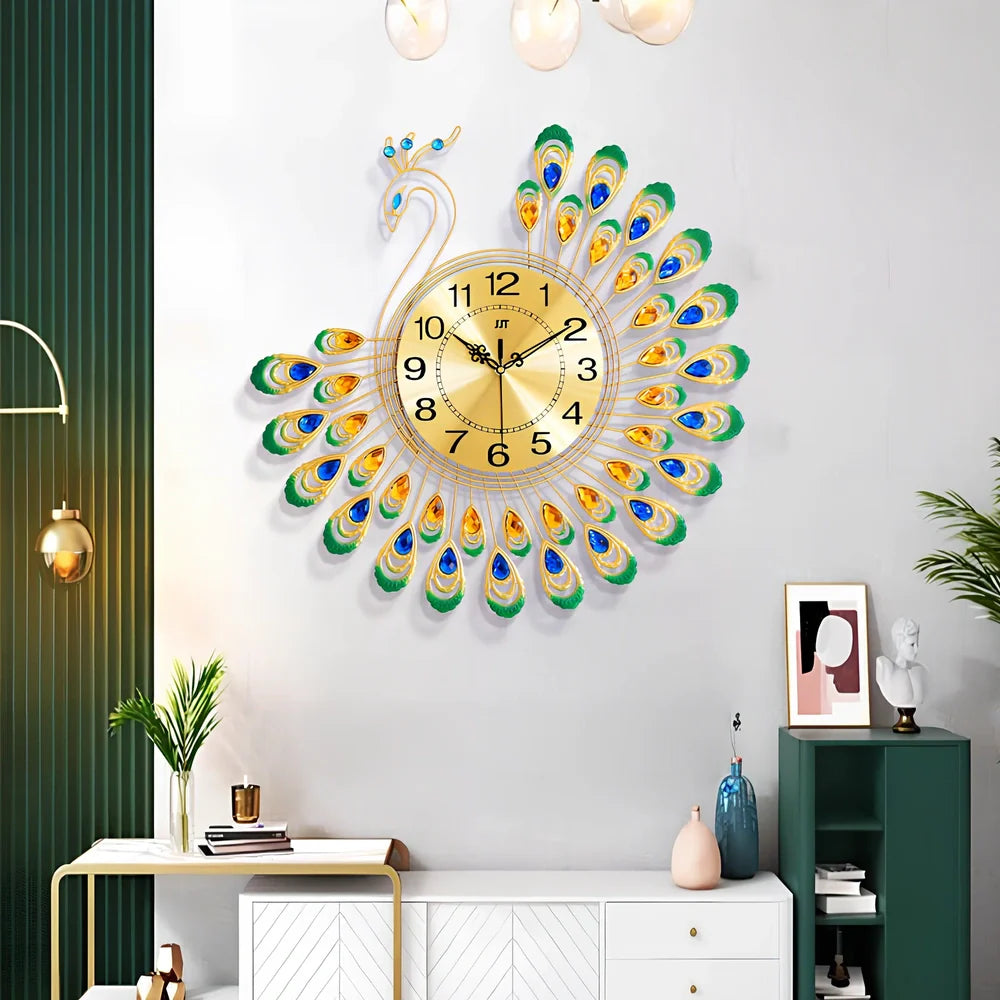38cm square peacock wall clock with European design and quartz movement