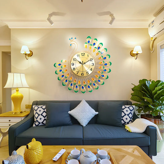 38cm square peacock wall clock with European design and quartz movement