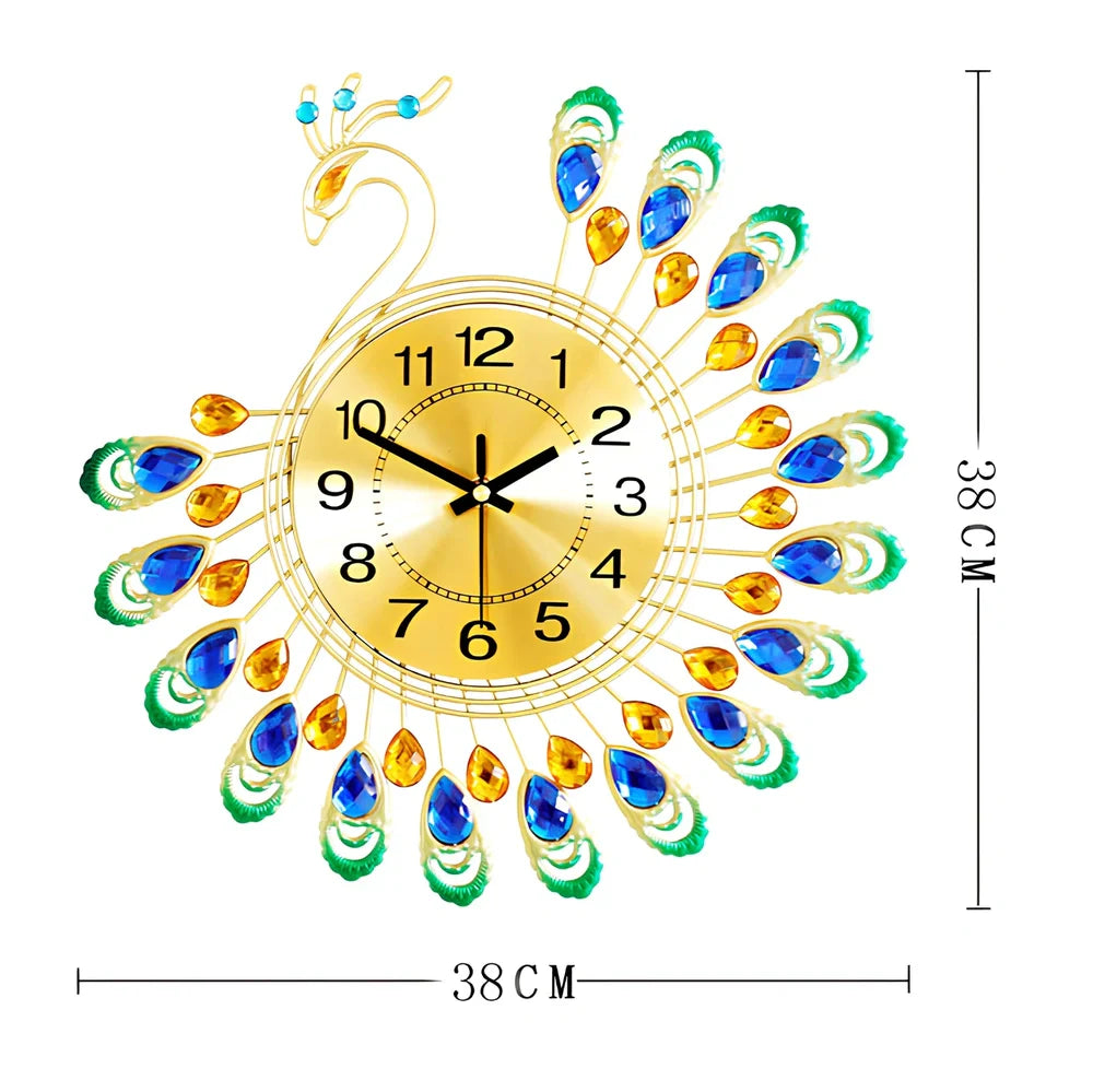 38cm square peacock wall clock with European design and quartz movement
