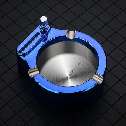 Large metal ashtray with permanent match lighter in blue, black, and gold