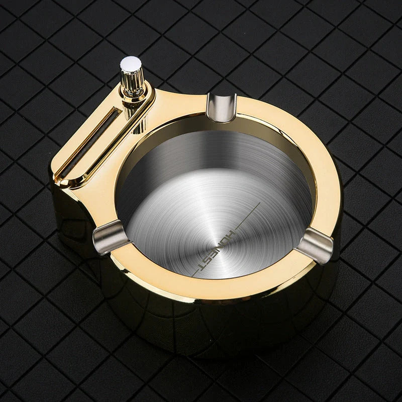 Large metal ashtray with permanent match lighter in blue, black, and gold