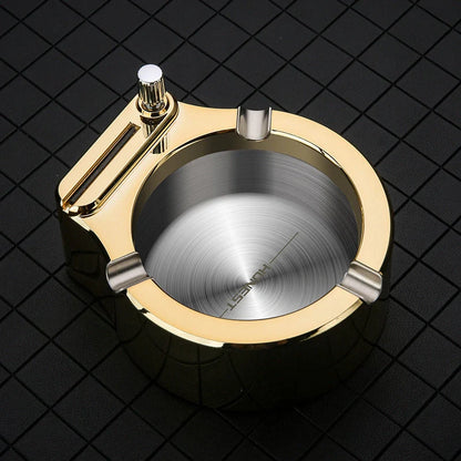 Large metal ashtray with permanent match lighter in blue, black, and gold