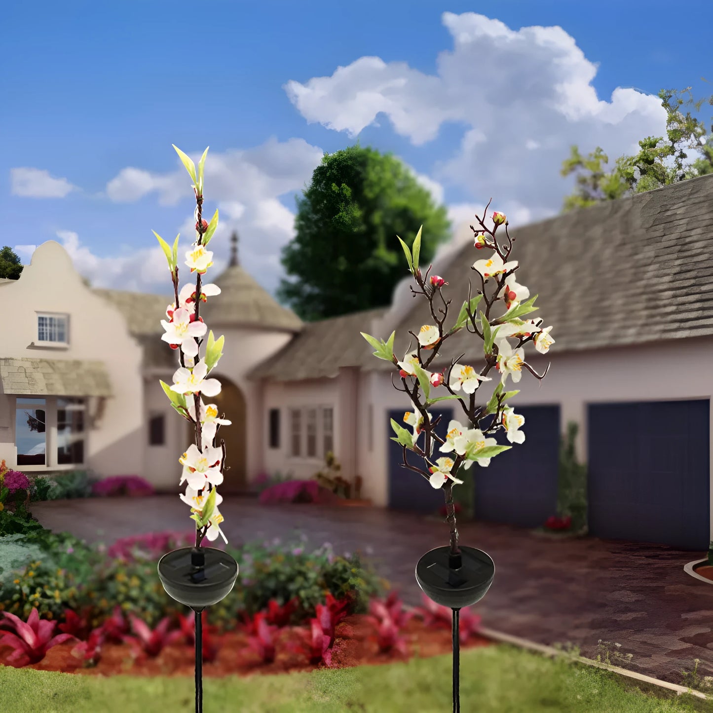 Solar cherry tree branch garden light with ground insertion spike and manual switch