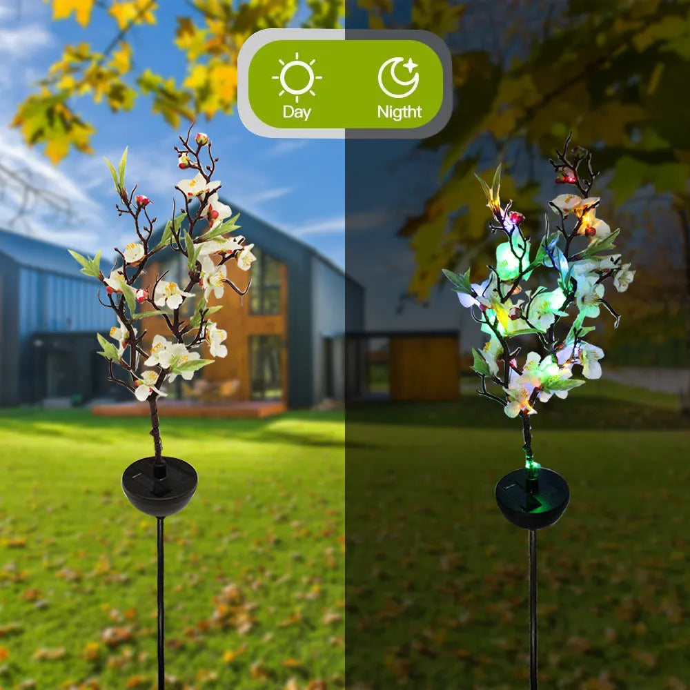 Solar cherry tree branch garden light with ground insertion spike and manual switch