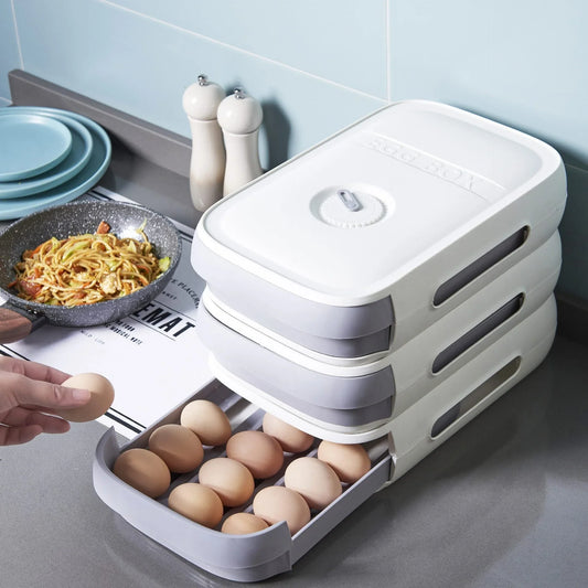 Versatile Drawer Egg Storage Box with breathable mesh design, overlapping layers, and compact drawer-style construction for organized refrigerator storage