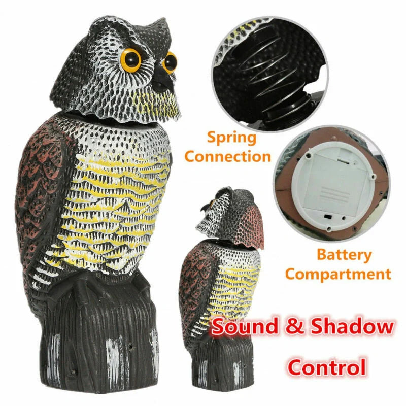 Lifelike owl decoy with 360-degree rotation for garden and farm pest control