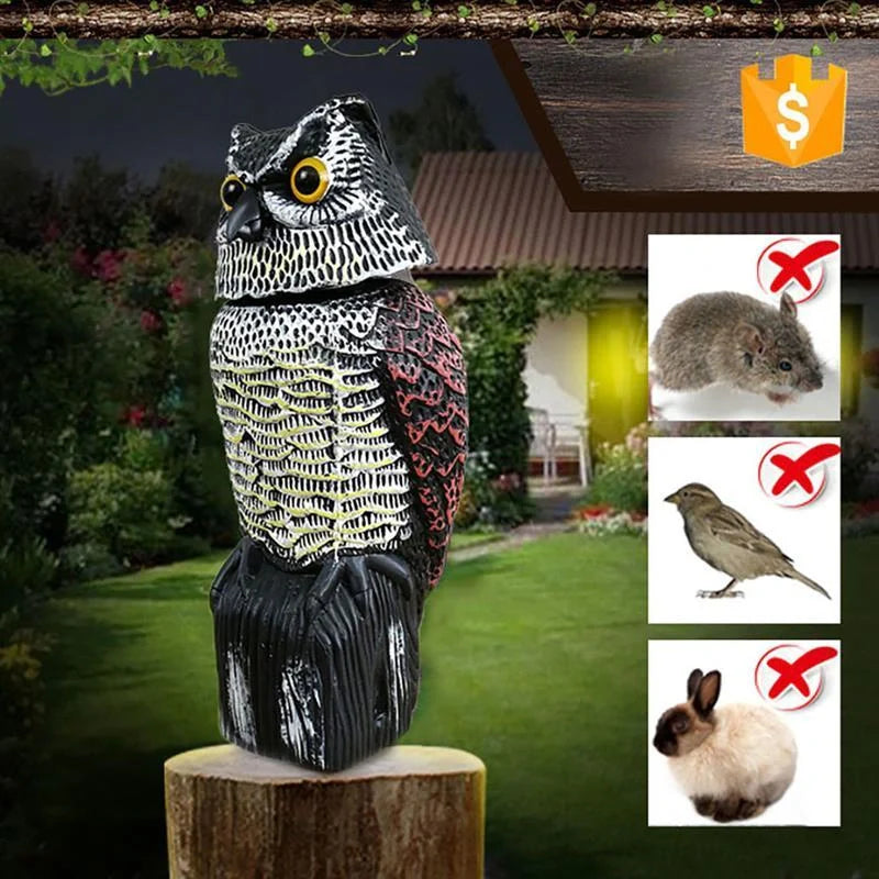 Lifelike owl decoy with 360-degree rotation for garden and farm pest control