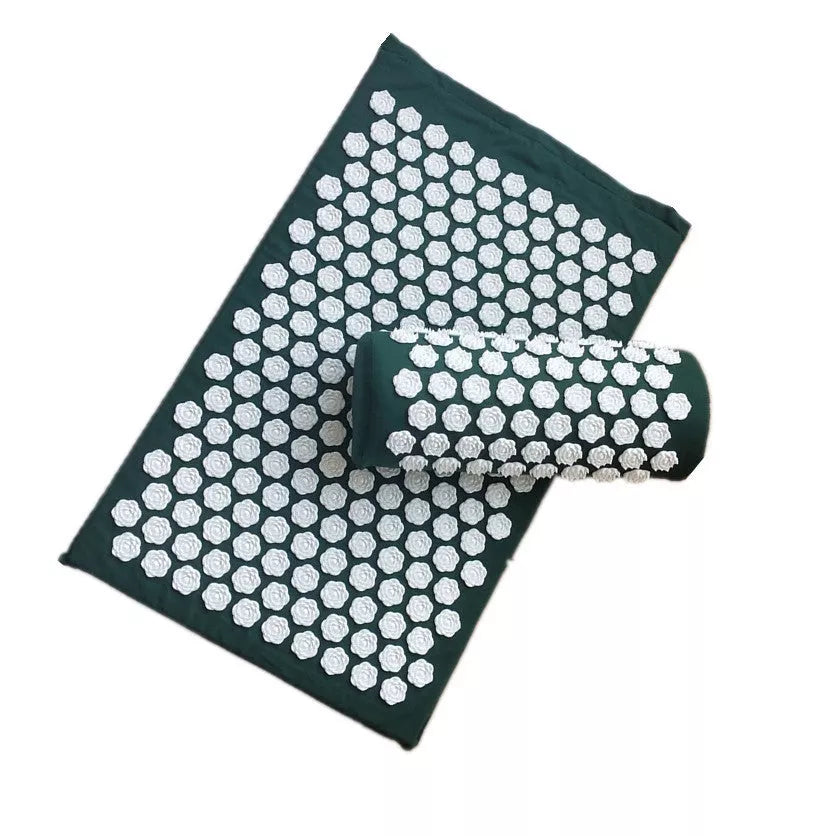 Acupuncture yoga cushion and pillow set with 210 pins for muscle relief, available in multiple colors.