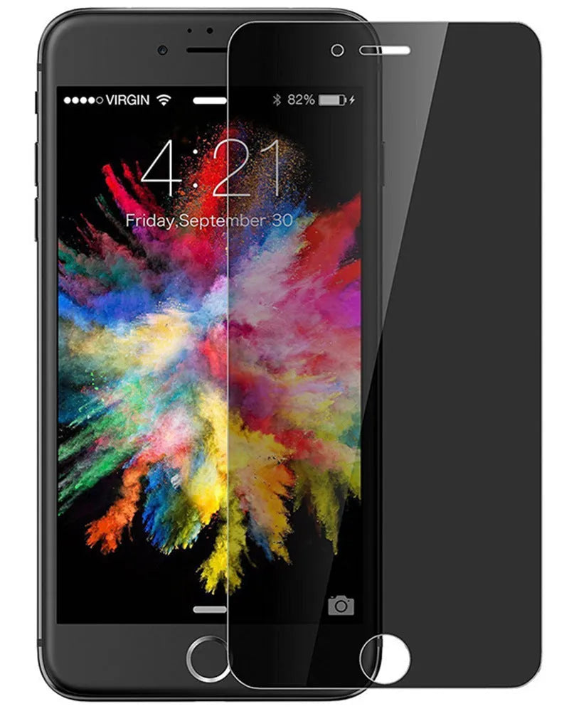 Full screen anti-peeping tempered glass privacy film for iPhone on a table.