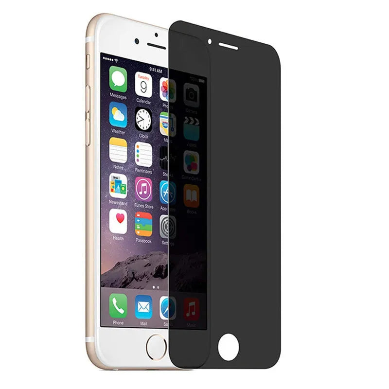 Full screen anti-peeping tempered glass privacy film for iPhone on a table.
