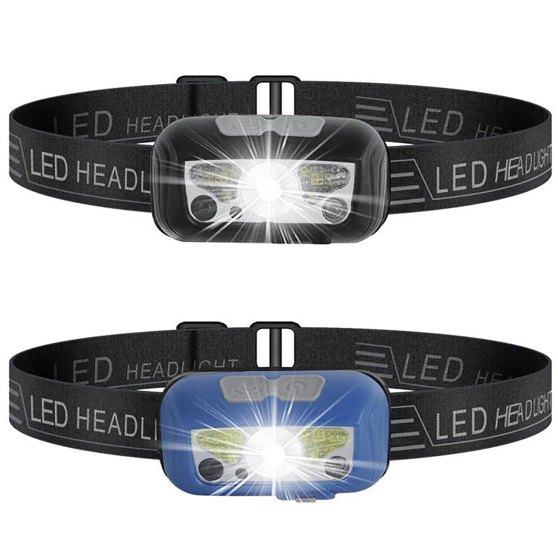 Black USB rechargeable sensor headlight with white and red LEDs, showing hand-wave control zone.