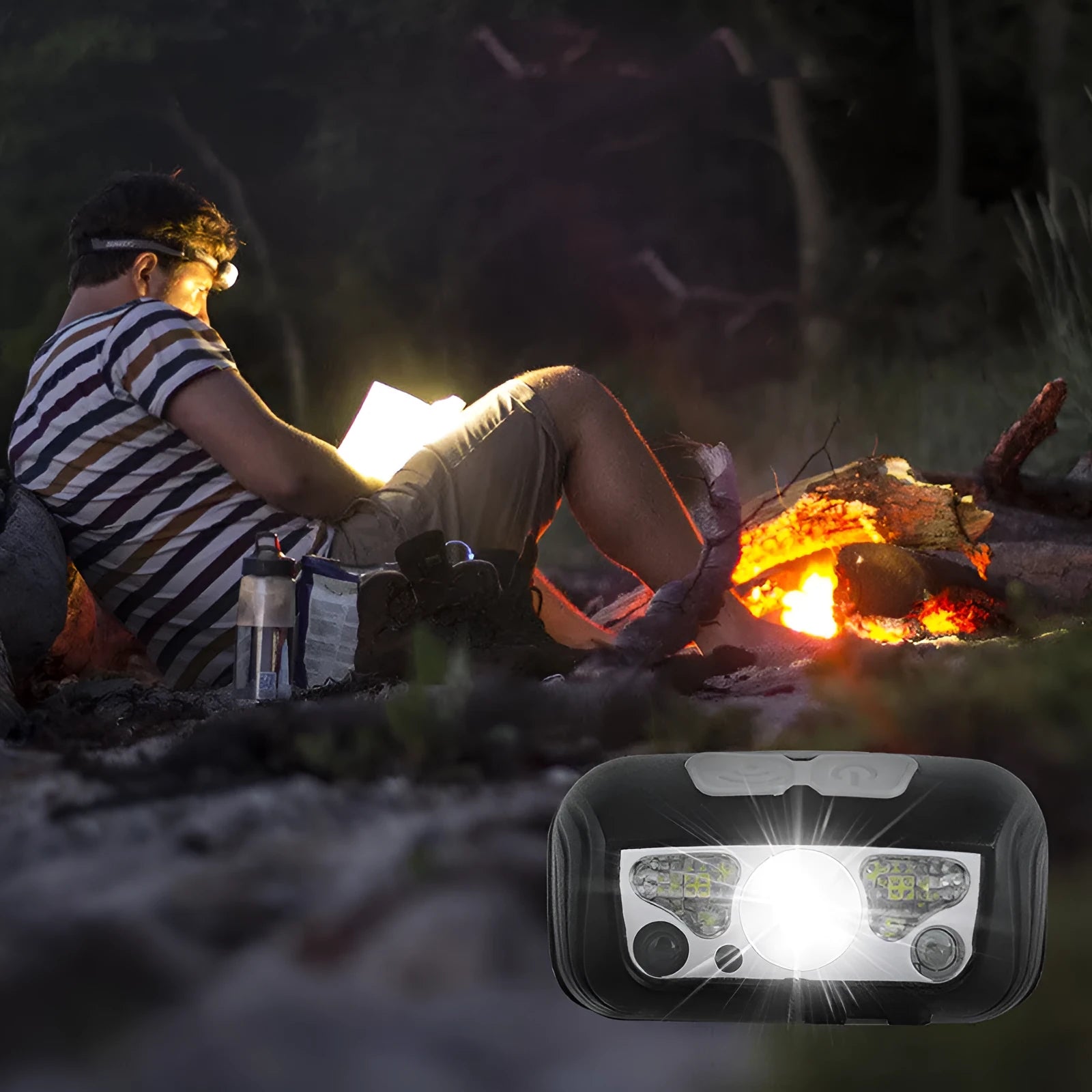 Black USB rechargeable sensor headlight with white and red LEDs, showing hand-wave control zone.