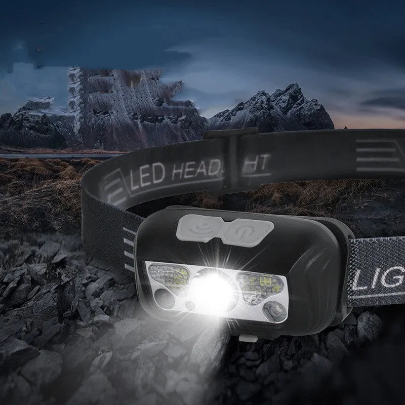 Black USB rechargeable sensor headlight with white and red LEDs, showing hand-wave control zone.