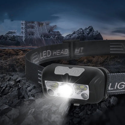 Black USB rechargeable sensor headlight with white and red LEDs, showing hand-wave control zone.
