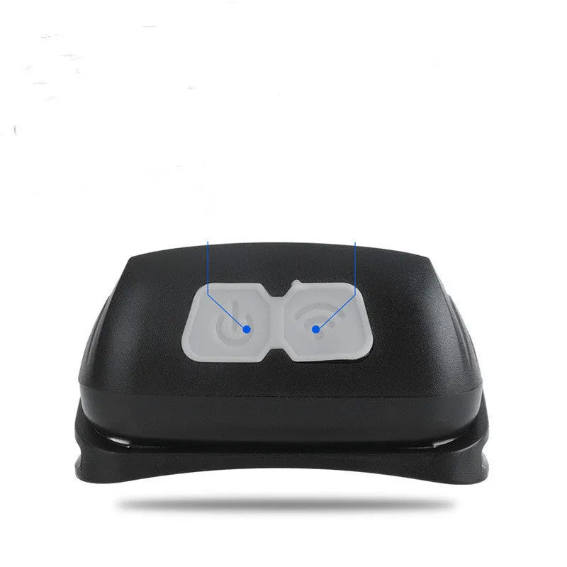 USB rechargeable sensor headlight with strong white LED light and always-on red running lights, featuring hand wave control within 10 cm, built-in 1200mAh battery for 5-20 hour runtime, in black or blue ABS housing, measuring 7 x 6.5 x 5 cm.